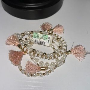 Stackable stretch pearl, pink beaded & tassel 5 bracelets fashion jewelry